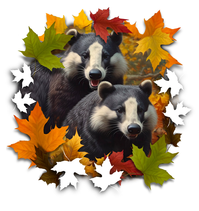 Color realism Wisconsin badgers playing in fall leaves.