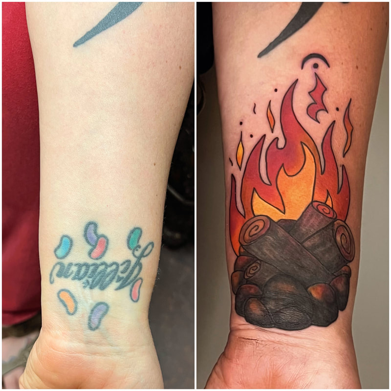 Traditional campfire with a hold and rest symbol. Cover up of a child's deadname during Pride month.