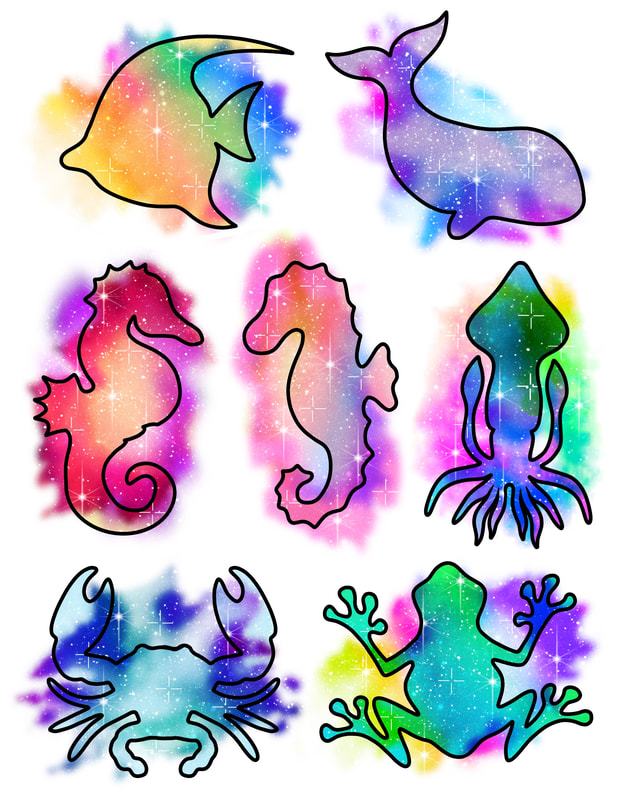 Rainbow watercolor glitter animal outlines.