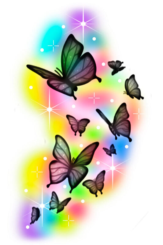Rainbow watercolor background and black butterflies flying.